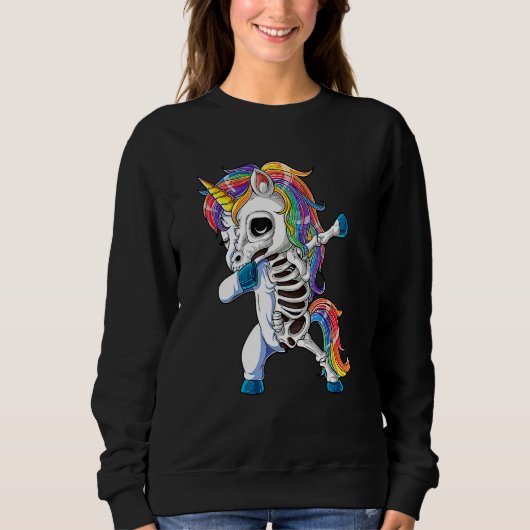Dabbing Unicorn Skeleton Skulls Halloween Boys Gir スウェットシャツ (正面)