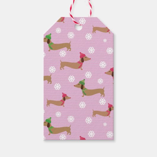 Dachshandかわいいピンクのクリスマススノーフレークのギフトラベル ギフトタグ (正面)