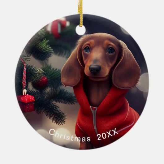 Dachshandクリスマスの日付またはペットの写真の追加 セラミックオーナメント (裏面)