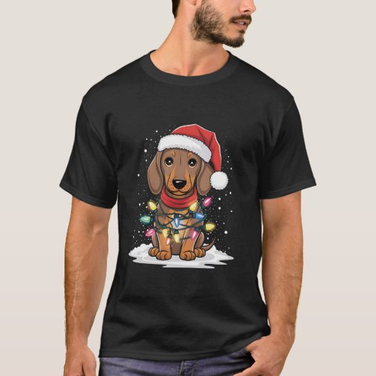 Dachshandクリスマスライトサンタハットドッグラバーホール Tシャツ (正面)