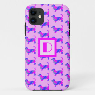 Dachshand / Daxie Dog Lover Pink & Blue Monogram iPhone 11 ケース