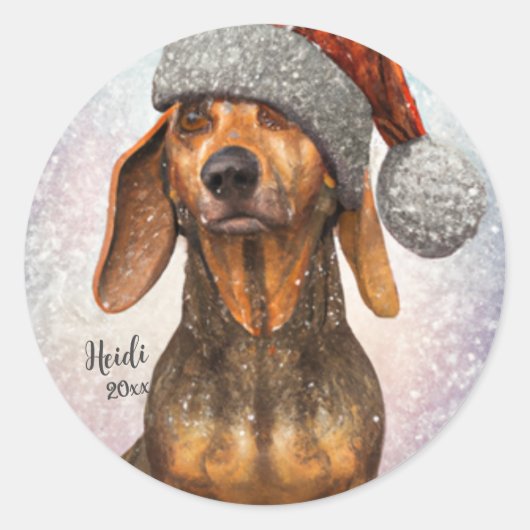 Dachshand, Santa Dog, Personalization,クリスマス ラウンドシール (正面)