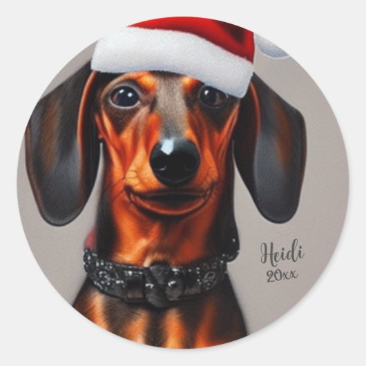 Dachshand, Santa Dog, Personalization,クリスマス ラウンドシール (正面)
