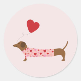Dachshand Valentine, Valentine's Day Pink and Red ラウンドシール