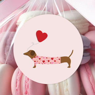 Dachshand Valentine, Valentine's Day Pink and Red ラウンドシール