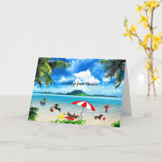 Dachshundビーチグリーティングカード任意の大事な行事 カード (黄色い花)