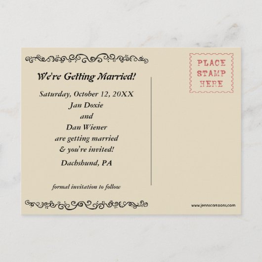 Dachshund犬のシルエット結婚式の日付を保存 案内ポストカード (裏面)