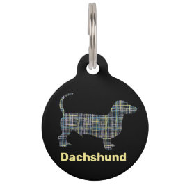 Dachshund黄色と青のグリッド線の抽象芸術 ペット　ネームタグ