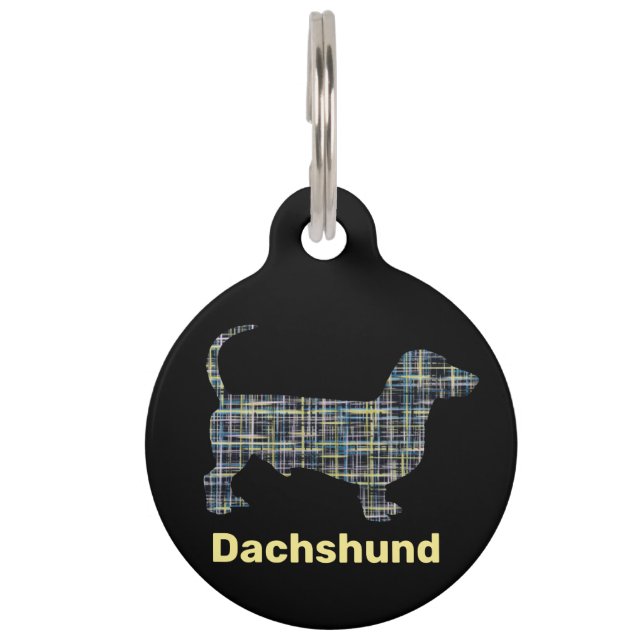 Dachshund黄色と青のグリッド線の抽象芸術 ペット　ネームタグ (正面)