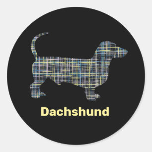 Dachshund黄色と青のグリッド線の抽象芸術 ラウンドシール