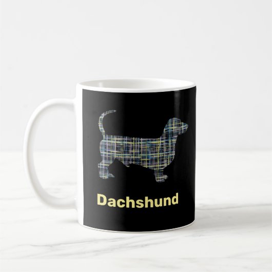 Dachshund黄色と青のグリッド線 コーヒーマグカップ (左)