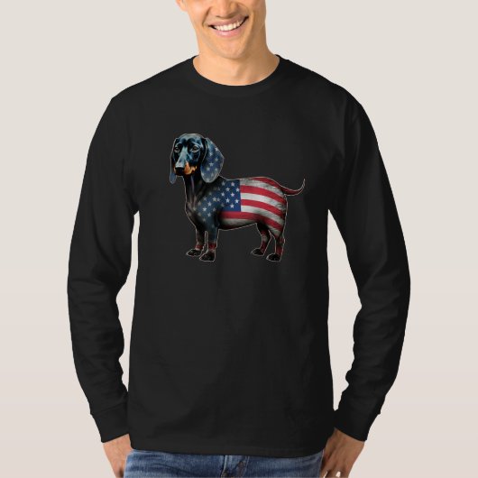 Dachshund 4th of July American Flag Dog  Men Women Tシャツ (正面)