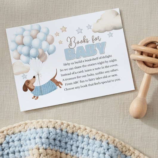 Dachshund and Balloons Blue Books for Baby Shower エンクロージャーカード