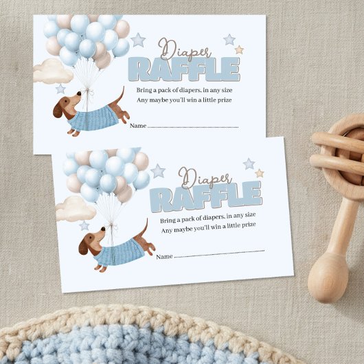 Dachshund and Balloons Blue Diaper Raffle エンクロージャーカード