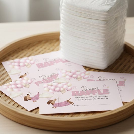 Dachshund and Balloons Pink Diaper Raffle エンクロージャーカード
