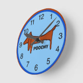 Dachshund Blue Clock、名前の編集 ラウンド壁時計 (傾斜)