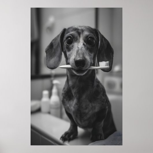 Dachshund Brushing Teeth Print, Funny Bathroom Dog ポスター (正面)