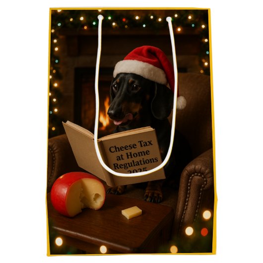 Dachshund 'Cheese Tax' Christmas gift bag ミディアムペーパーバッグ (裏面)