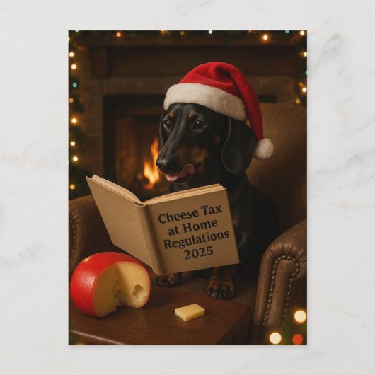 Dachshund 'Cheese Tax' Christmas postcard ポストカード (正面)