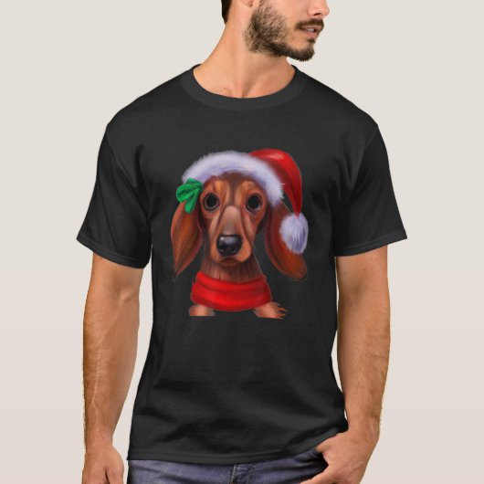 Dachshund Chiweenie Wiener Dog Santa Claus Hat Chr Tシャツ (正面)
