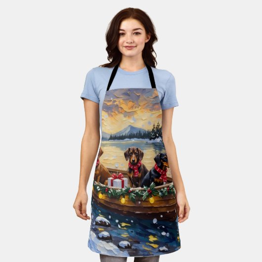 Dachshund Christmas Boat Holiday エプロン (着用した状態)