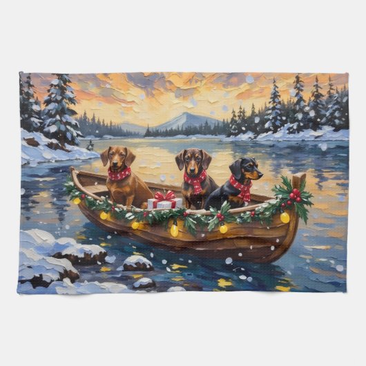 Dachshund Christmas Boat Holiday キッチンタオル (横)