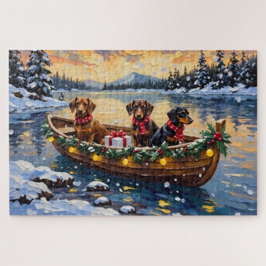 Dachshund Christmas Boat Holiday ジグソーパズル (横)
