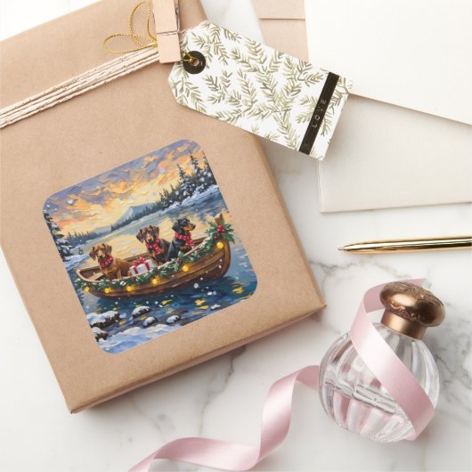 Dachshund Christmas Boat Holiday スクエアシール (ギフト)
