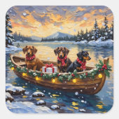 Dachshund Christmas Boat Holiday スクエアシール (正面)