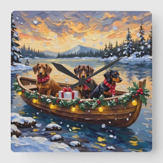 Dachshund Christmas Boat Holiday スクエア壁時計 (正面)
