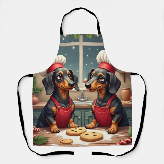 Dachshund Christmas Cookie Bakers Holiday Painting エプロン (正面)