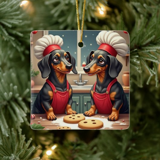 Dachshund Christmas Cookie Bakers Holiday Painting セラミックオーナメント (ツリー)