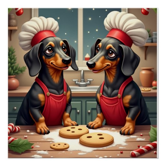 Dachshund Christmas Cookie Bakers Holiday Painting ポスター (正面)