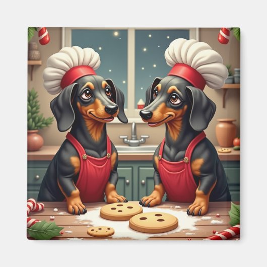 Dachshund Christmas Cookie Bakers Holiday Painting マグネット (正面)