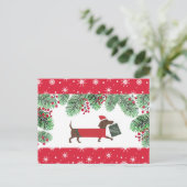 Dachshund Christmas Cute Dog Snowflakes Holly ポストカード (スタンド正面)