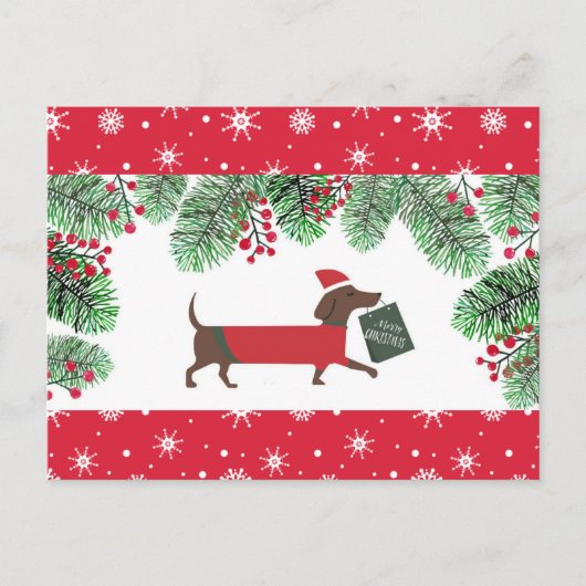 Dachshund Christmas Cute Dog Snowflakes Holly ポストカード (正面)