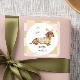 Dachshund Christmas Dog Checkered Knitted Sweater スクエアシール