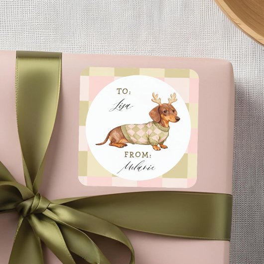 Dachshund Christmas Dog Checkered Knitted Sweater スクエアシール