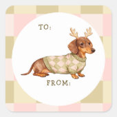 Dachshund Christmas Dog Checkered Knitted Sweater スクエアシール (正面)