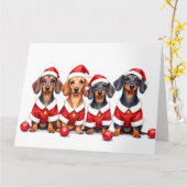 Dachshund Christmas Dress Santa Hat カード (黄色い花)