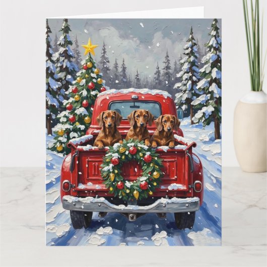 Dachshund Christmas Red Truck Holiday カード (正面)