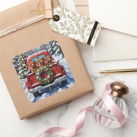 Dachshund Christmas Red Truck Holiday スクエアシール (ギフト)