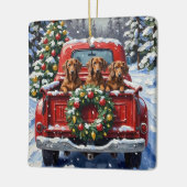 Dachshund Christmas Red Truck Holiday セラミックオーナメント (左)