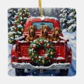 Dachshund Christmas Red Truck Holiday セラミックオーナメント (正面)