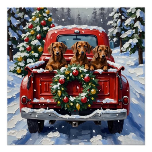 Dachshund Christmas Red Truck Holiday ポスター (正面)