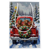 Dachshund Christmas Red Truck Holiday ミディアムペーパーバッグ (正面)
