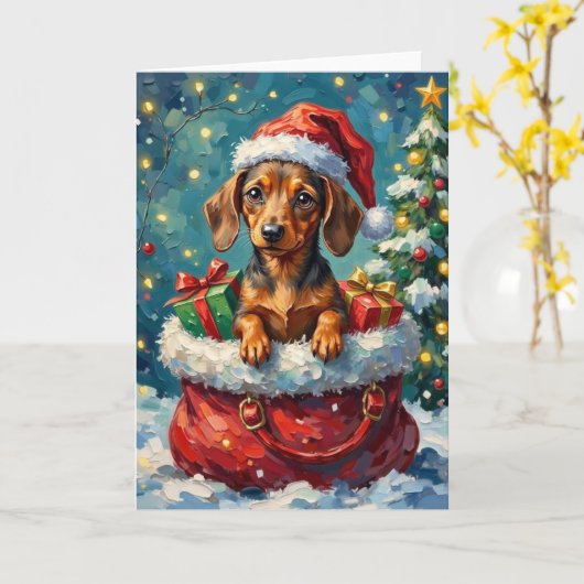 Dachshund Christmas Santa Bag Adventure カード (黄色い花)