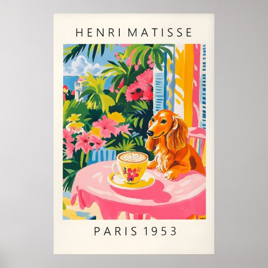 Dachshund Coffee Print Matisse Style Pink Kitchen ポスター (正面)