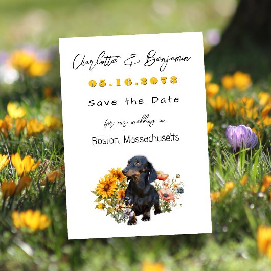 Dachshund Dog and Wilflowers Save the Date セーブザデート