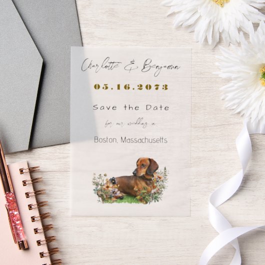 Dachshund Dog and Wilflowers Save the Date ベラム紙招待状 (ウェディング)
